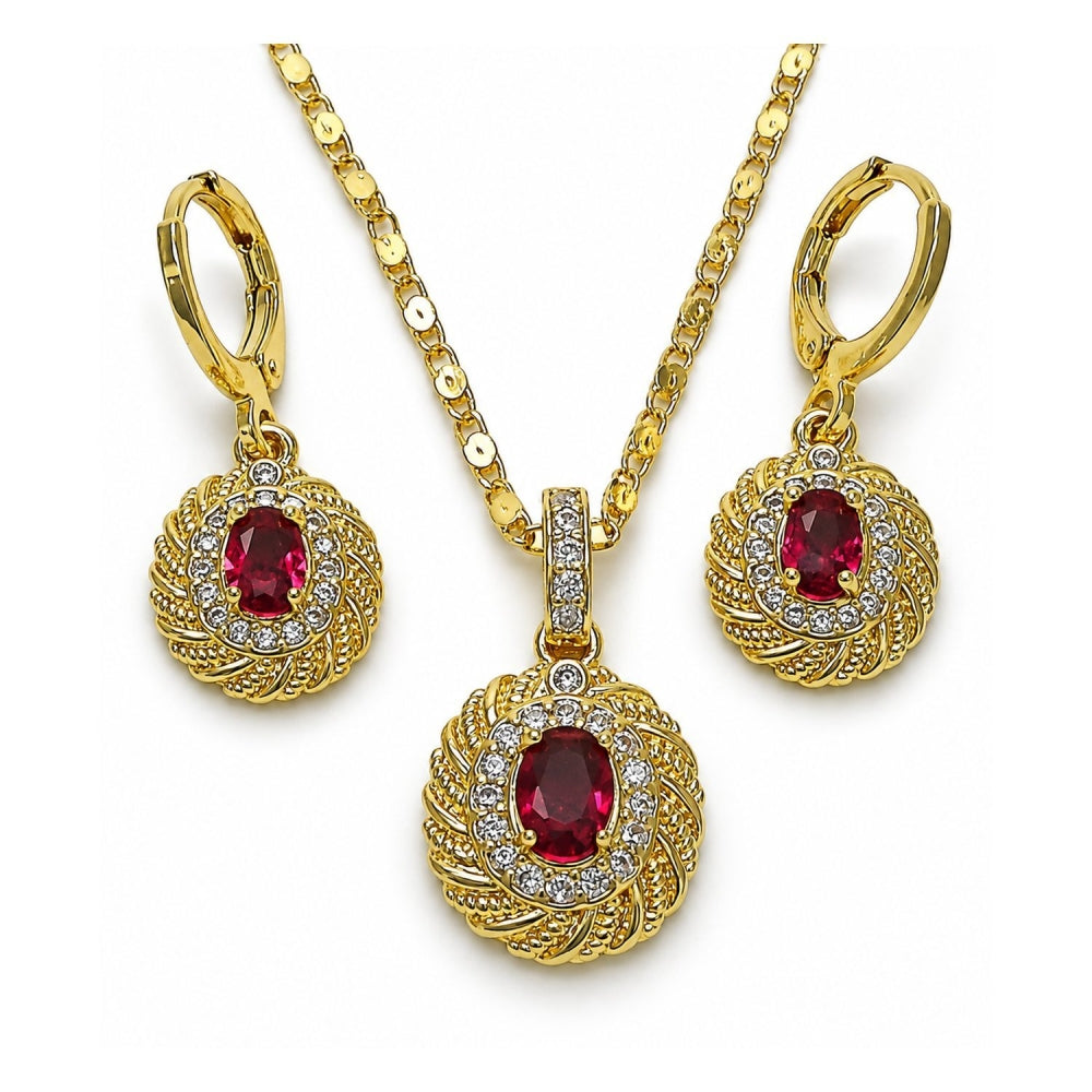 Oro Laminado Earring and Pendant Adult Set, Gold Filled Style with Ruby Cubic Zirconia and White Micro Pave, Polished, Golden Finish