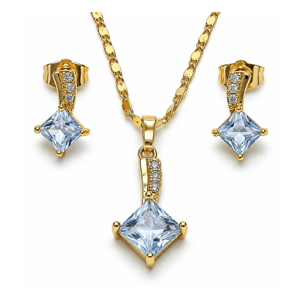 Oro Laminado Earring and Pendant Adult Set, Gold Filled Style with White Micro Pave and White Cubic Zirconia, Polished, Golden Finish