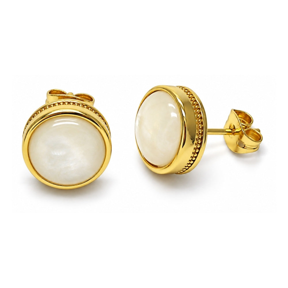 Oro Laminado Stud Earring, Gold Filled Style Ball Design, with White Opal, Polished, Golden Finish