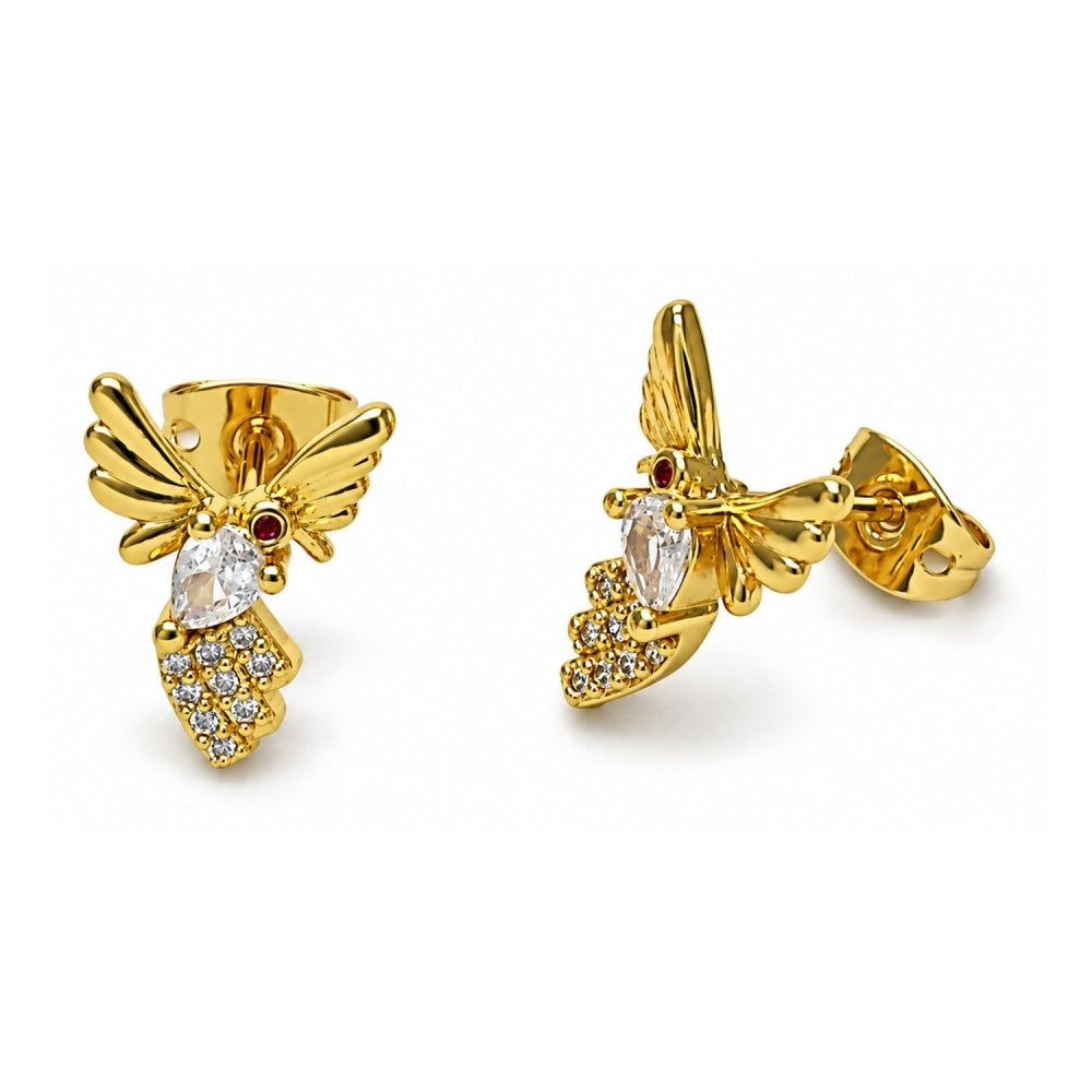 Oro Laminado Stud Earring, Gold Filled Style Bird Design, with White Cubic Zirconia and White Micro Pave, Polished, Golden Finish