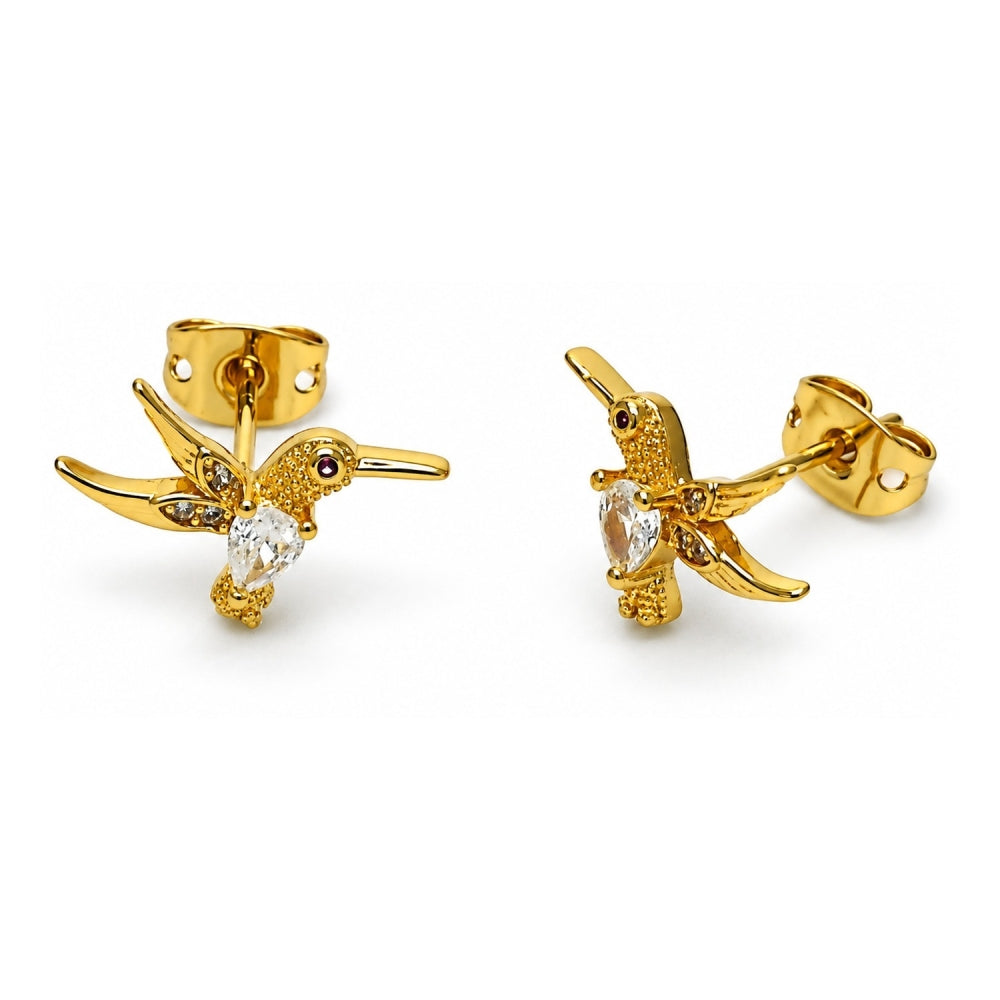 Oro Laminado Stud Earring, Gold Filled Style Bird Design, with White Cubic Zirconia and White Micro Pave, Polished, Golden Finish