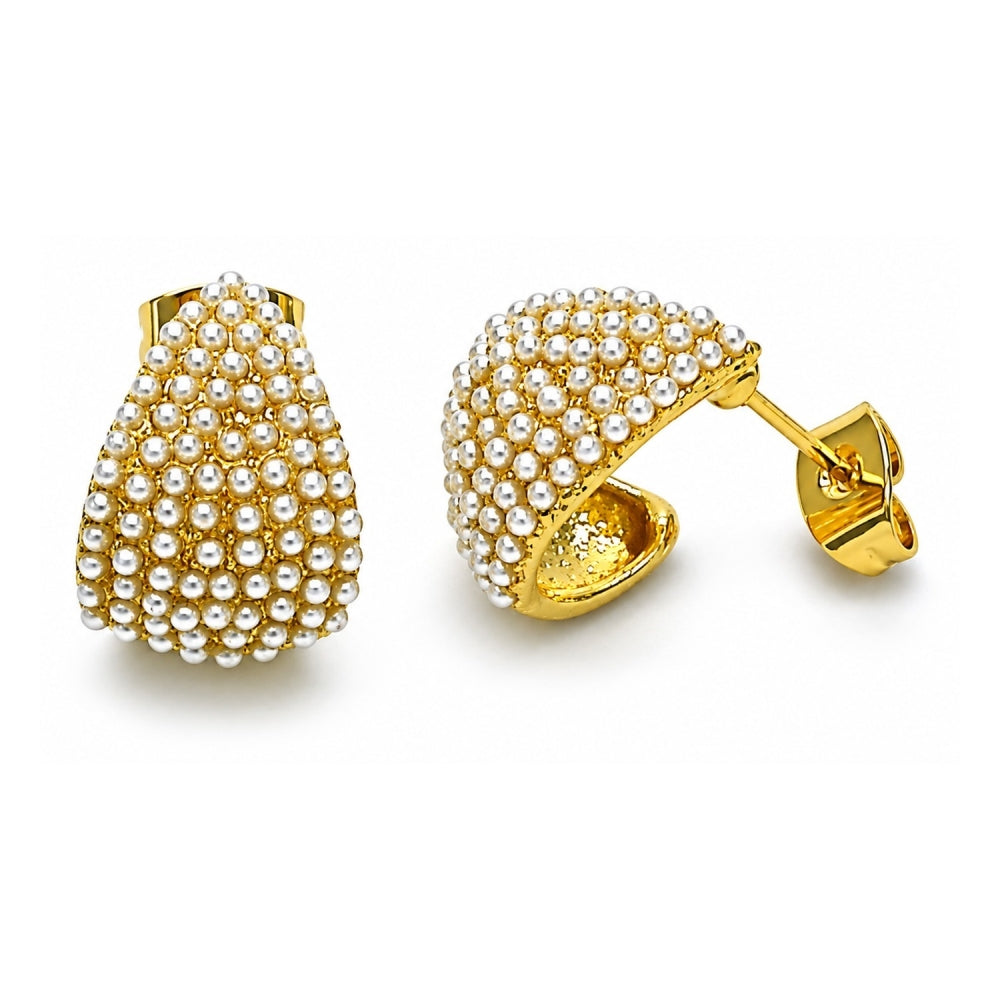Oro Laminado Stud Earring, Gold Filled Style Teardrop Design, with Ivory Pearl, Polished, Golden Finish