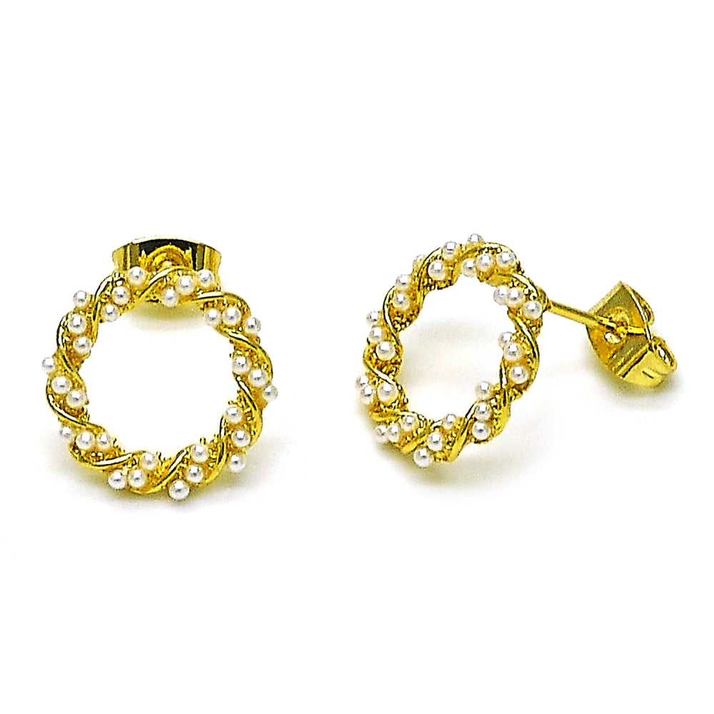 Oro Laminado Stud Earring, Gold Filled Style Twist Design, with Ivory Pearl, Polished, Golden Finish