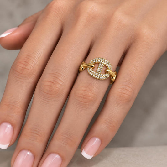 Oro Laminado Multi Stone Ring, Gold Filled Style Puff Mariner Design, with White Micro Pave, Polished, Golden Finish