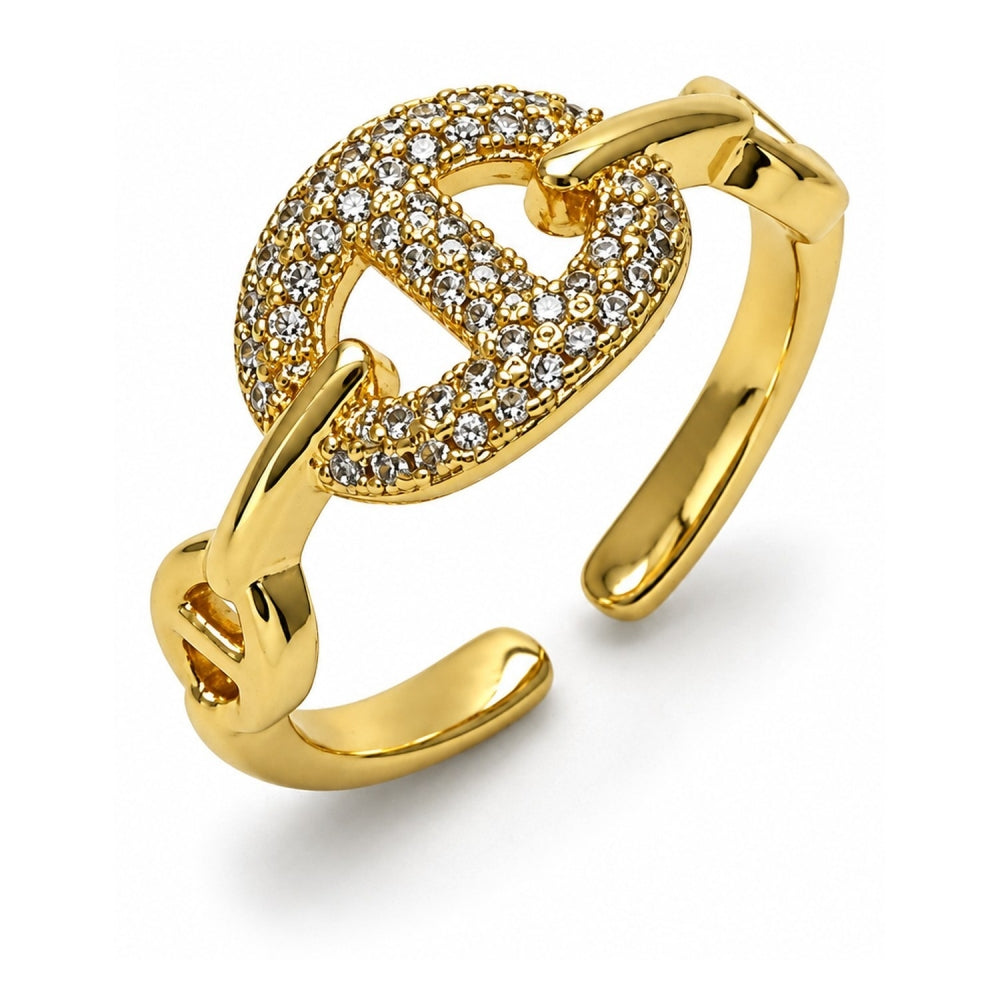 Oro Laminado Multi Stone Ring, Gold Filled Style Puff Mariner Design, with White Micro Pave, Polished, Golden Finish