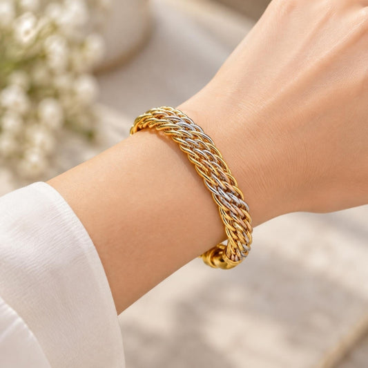Oro Laminado Individual Bangle, Gold Filled Style Twist Design, Polished, Tricolor
