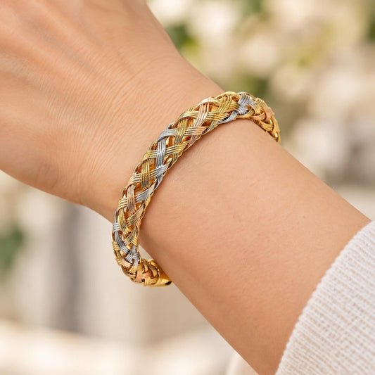 Oro Laminado Individual Bangle, Gold Filled Style Twist Design, Polished, Tricolor