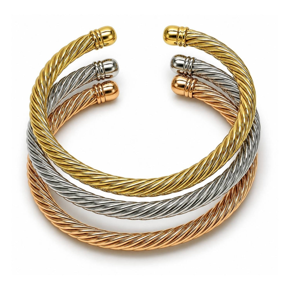 Oro Laminado Trio Bangle, Gold Filled Style Twist Design, Polished, Tricolor