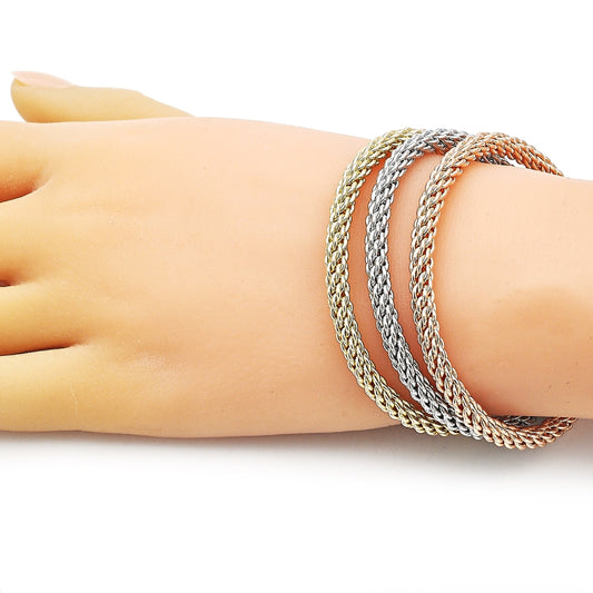 Oro Laminado Trio Bangle, Gold Filled Style Twist and Rope Design, Polished, Tricolor
