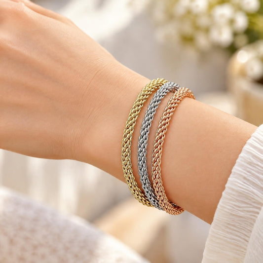 Oro Laminado Trio Bangle, Gold Filled Style Twist and Rope Design, Polished, Tricolor