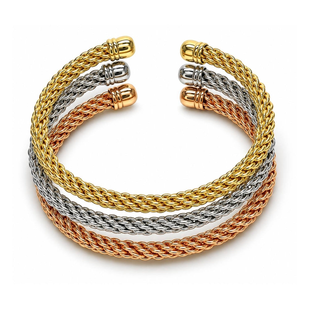 Oro Laminado Trio Bangle, Gold Filled Style Twist and Rope Design, Polished, Tricolor