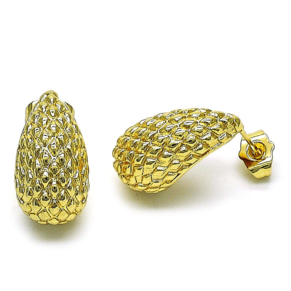 Oro Laminado Stud Earring, Gold Filled Style Teardrop Design, Diamond Cutting Finish, Golden Finish