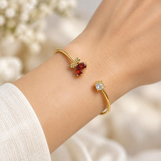 Oro Laminado Individual Bangle, Gold Filled Style Butterfly Design, with Garnet and White Cubic Zirconia, Polished, Golden Finish