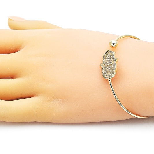 Oro Laminado Individual Bangle, Gold Filled Style Judaica and Hand of God Design, with White Micro Pave, Polished, Golden Finish