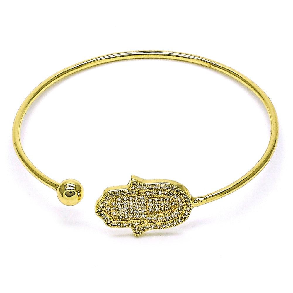 Oro Laminado Individual Bangle, Gold Filled Style Judaica and Hand of God Design, with White Micro Pave, Polished, Golden Finish