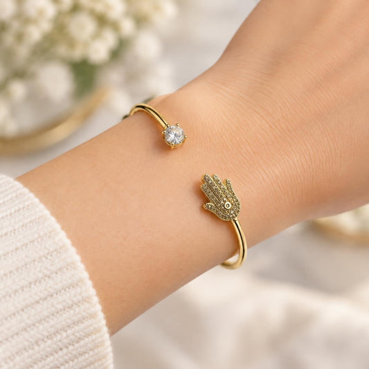 Oro Laminado Individual Bangle, Gold Filled Style Judaica and Hand of God Design, with White Micro Pave and White Cubic Zirconia, Polished, Golden Finish