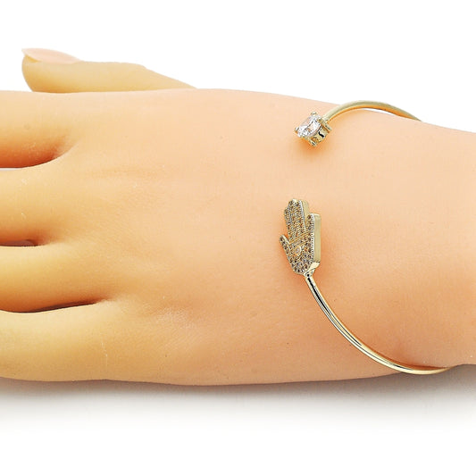 Oro Laminado Individual Bangle, Gold Filled Style Judaica and Hand of God Design, with White Micro Pave and White Cubic Zirconia, Polished, Golden Finish