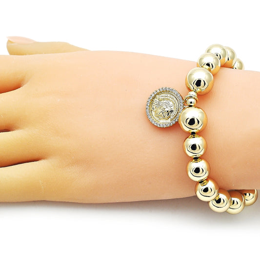 Oro Laminado Fancy Bracelet, Gold Filled Style Expandable Bead and Ball Design, with White Micro Pave, Polished, Golden Finish