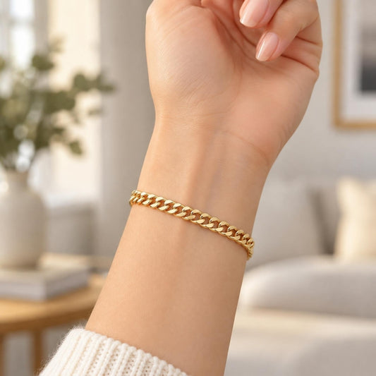 Oro Laminado Basic Bracelet, Gold Filled Style Miami Cuban Design, Polished, Golden Finish