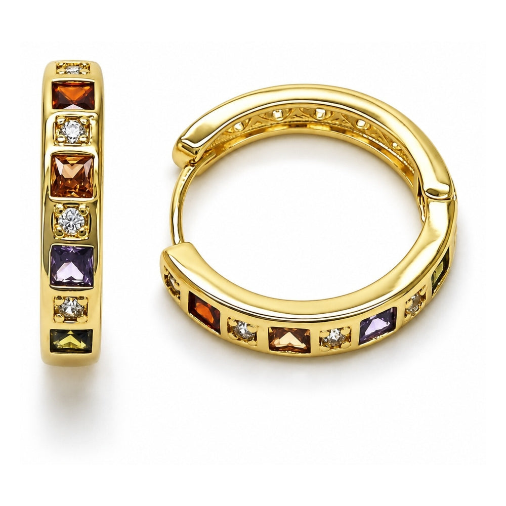 Oro Laminado Huggie Hoop, Gold Filled Style with Multicolor and White Cubic Zirconia, Polished, Golden Finish