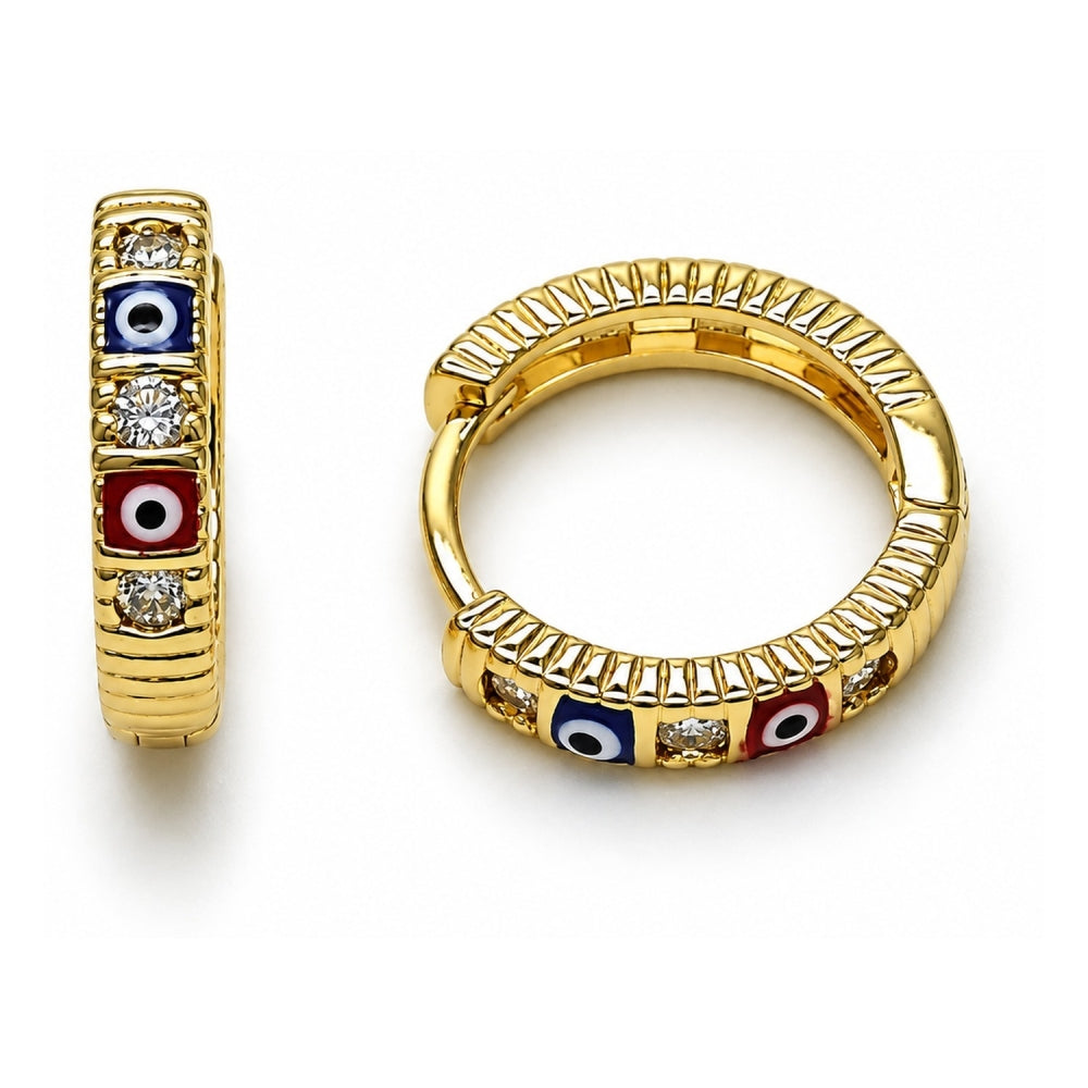 Oro Laminado Huggie Hoop, Gold Filled Style Evil Eye Design, with White Cubic Zirconia, Multicolor Enamel Finish, Golden Finish