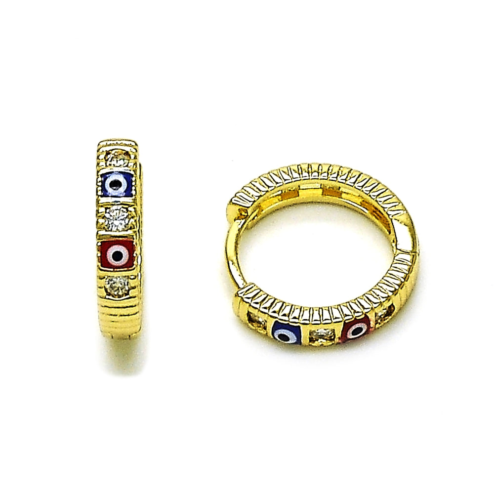 Oro Laminado Huggie Hoop, Gold Filled Style Evil Eye Design, with White Cubic Zirconia, Multicolor Enamel Finish, Golden Finish