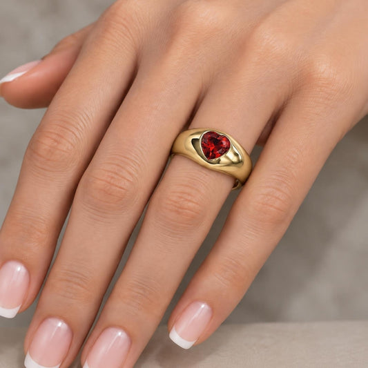 Oro Laminado Multi Stone Ring, Gold Filled Style Heart Design, with Garnet Cubic Zirconia, Polished, Golden Finish
