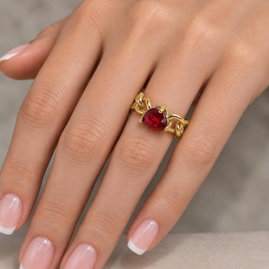 Oro Laminado Multi Stone Ring, Gold Filled Style Heart and Curb Design, with Garnet Cubic Zirconia, Polished, Golden Finish