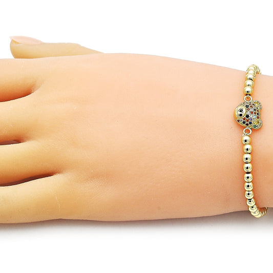Oro Laminado Fancy Bracelet, Gold Filled Style Expandable Bead and Teddy Bear Design, with Multicolor Micro Pave, Polished, Golden Finish