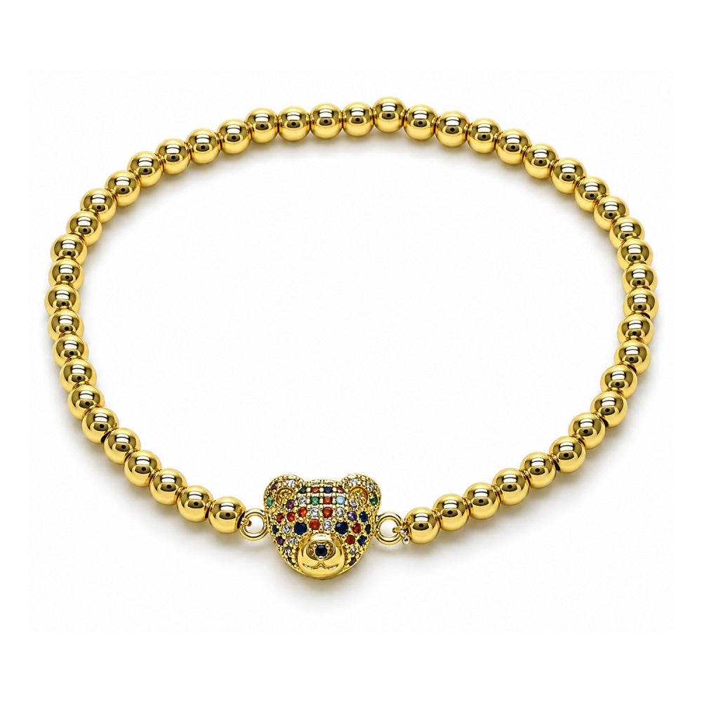 Oro Laminado Fancy Bracelet, Gold Filled Style Expandable Bead and Teddy Bear Design, with Multicolor Micro Pave, Polished, Golden Finish