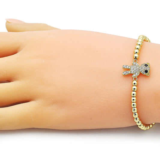 Oro Laminado Fancy Bracelet, Gold Filled Style Expandable Bead and Teddy Bear Design, with White and Black Micro Pave, Polished, Golden Finish