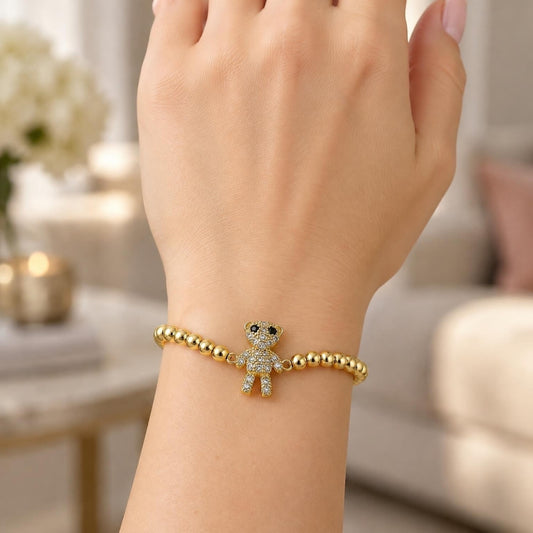 Oro Laminado Fancy Bracelet, Gold Filled Style Expandable Bead and Teddy Bear Design, with White and Black Micro Pave, Polished, Golden Finish