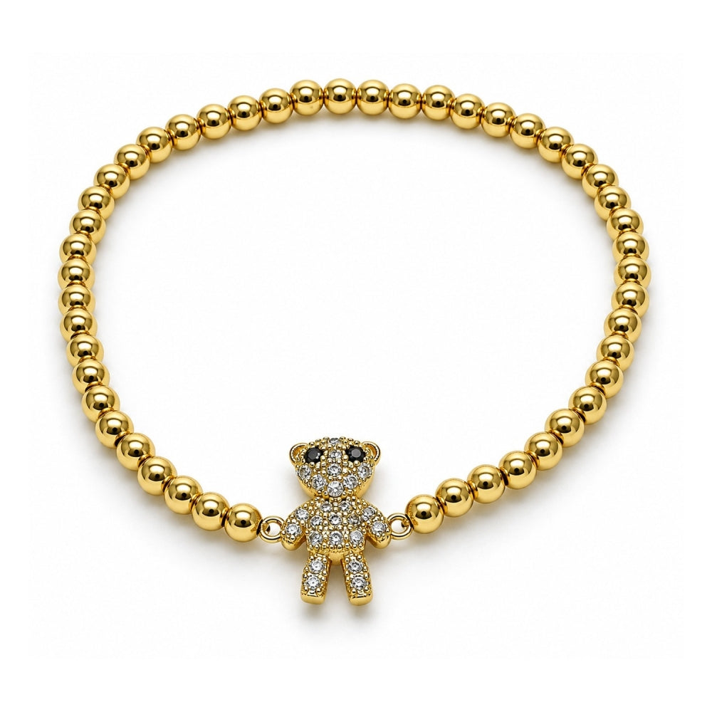 Oro Laminado Fancy Bracelet, Gold Filled Style Expandable Bead and Teddy Bear Design, with White and Black Micro Pave, Polished, Golden Finish