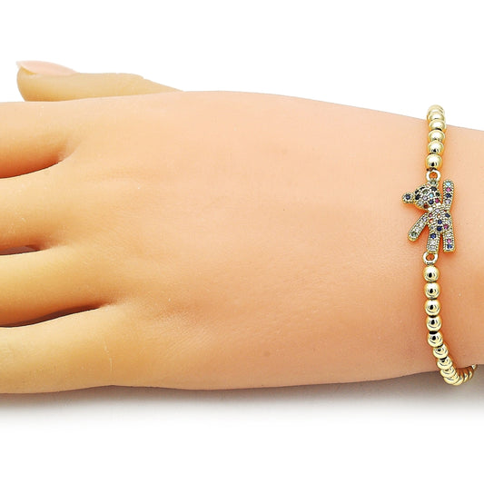 Oro Laminado Fancy Bracelet, Gold Filled Style Expandable Bead and Teddy Bear Design, with Multicolor Micro Pave, Polished, Golden Finish