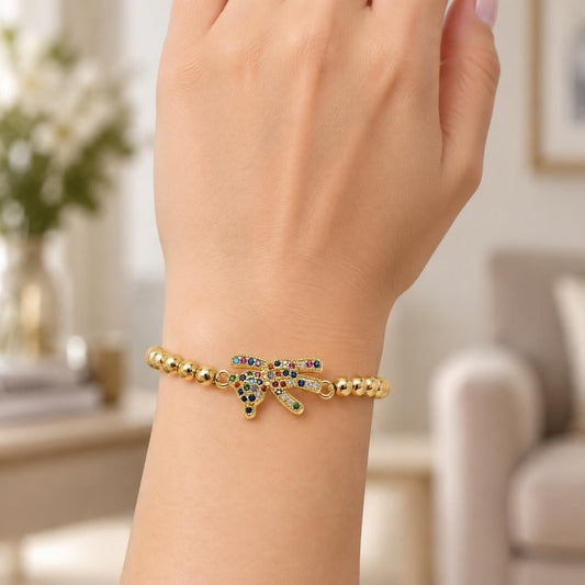 Oro Laminado Fancy Bracelet, Gold Filled Style Expandable Bead and Teddy Bear Design, with Multicolor Micro Pave, Polished, Golden Finish