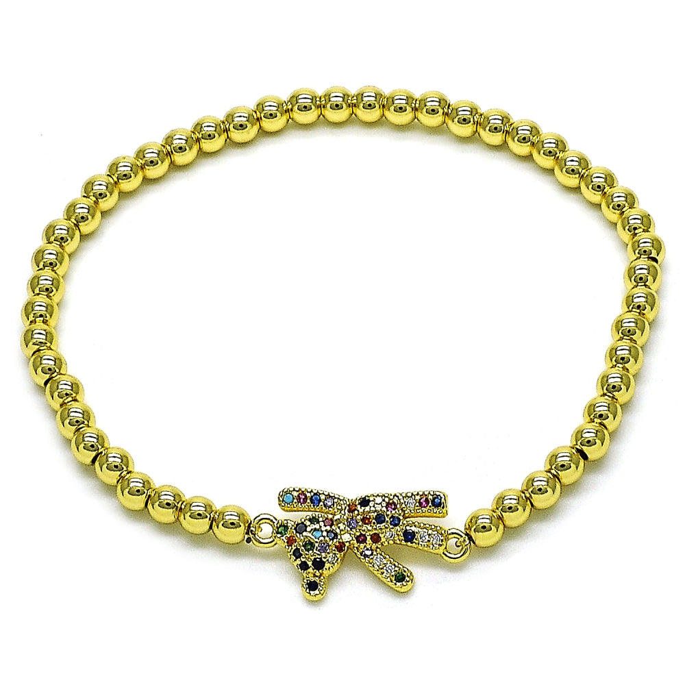 Oro Laminado Fancy Bracelet, Gold Filled Style Expandable Bead and Teddy Bear Design, with Multicolor Micro Pave, Polished, Golden Finish
