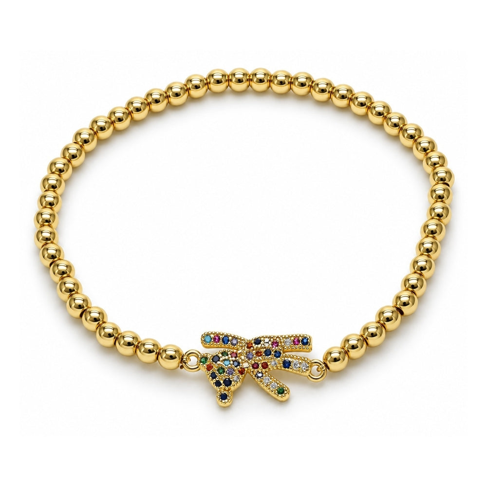 Oro Laminado Fancy Bracelet, Gold Filled Style Expandable Bead and Teddy Bear Design, with Multicolor Micro Pave, Polished, Golden Finish