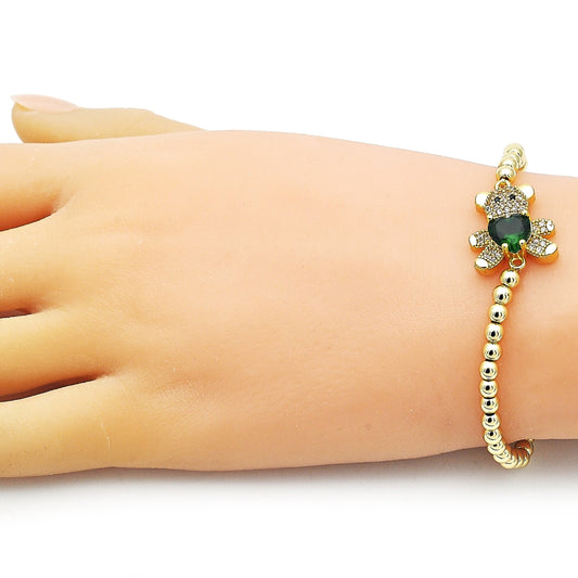 Oro Laminado Fancy Bracelet, Gold Filled Style Expandable Bead and Teddy Bear Design, with White and Black Micro Pave, Polished, Golden Finish