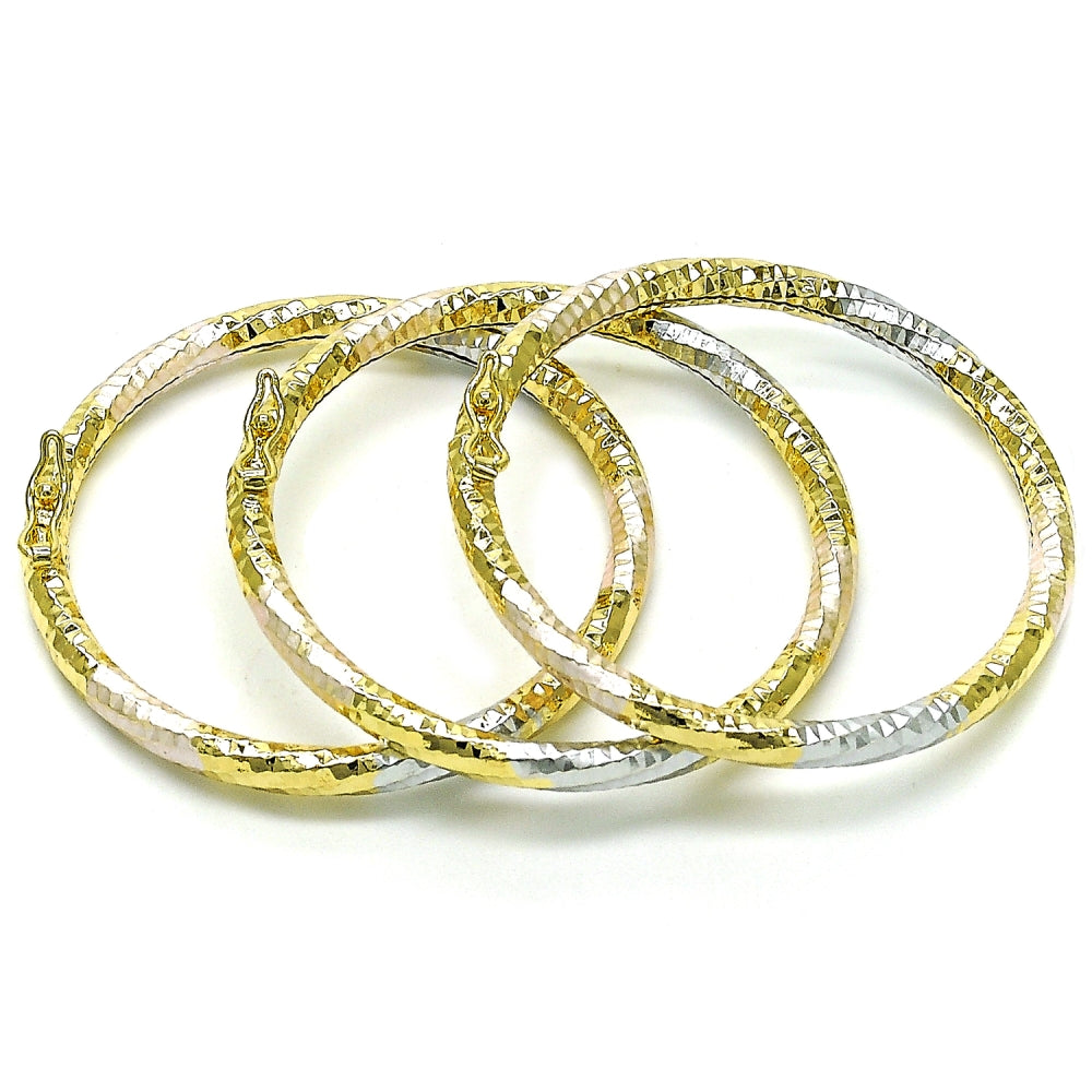 Oro Laminado Trio Bangle, Gold Filled Style Hollow Design, Diamond Cutting Finish, Golden Finish