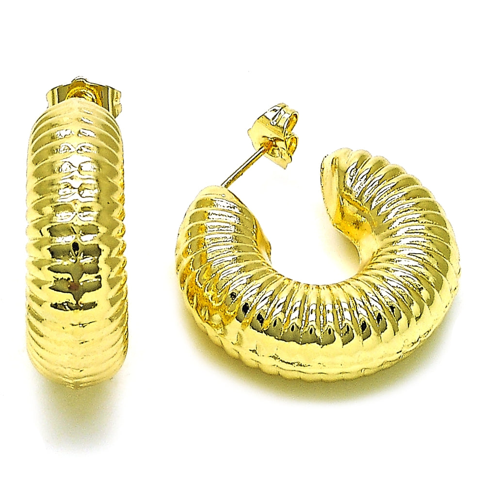 Oro Laminado Medium Hoop, Gold Filled Style Hollow Design, Diamond Cutting Finish, Golden Finish