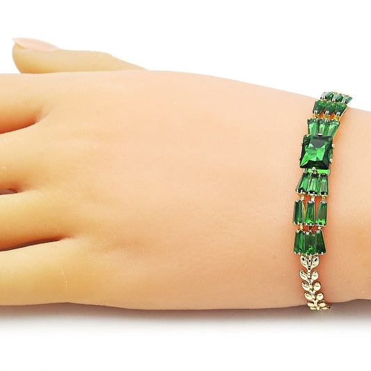 Oro Laminado Fancy Bracelet, Gold Filled Style Baguette and Leaf Design, with Green Cubic Zirconia, Polished, Golden Finish