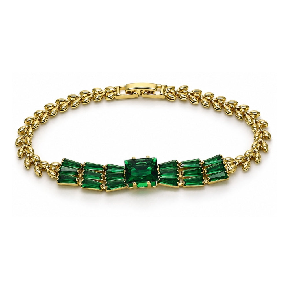 Oro Laminado Fancy Bracelet, Gold Filled Style Baguette and Leaf Design, with Green Cubic Zirconia, Polished, Golden Finish