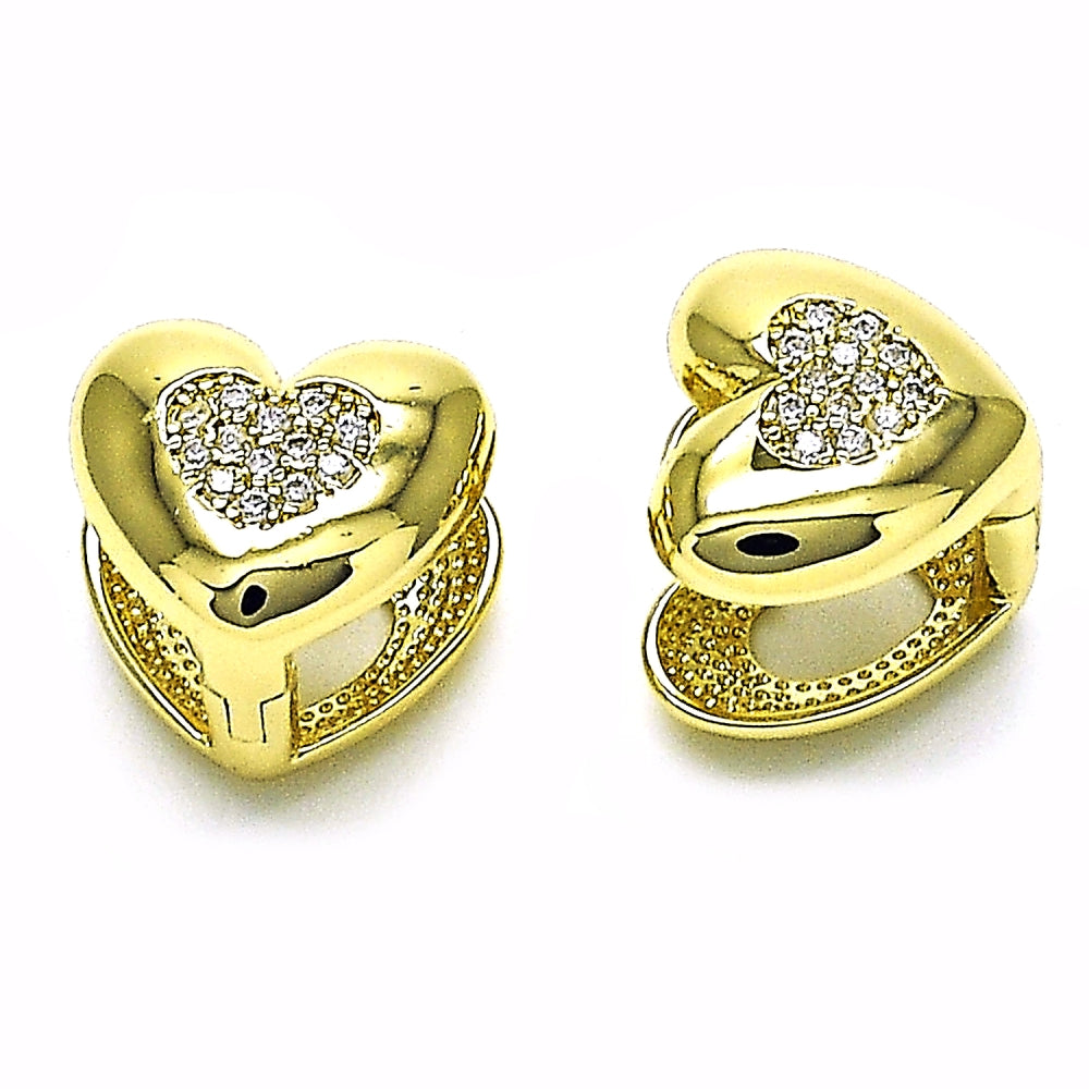 Oro Laminado Huggie Hoop, Gold Filled Style Heart Design, with White Micro Pave, Polished, Golden Finish