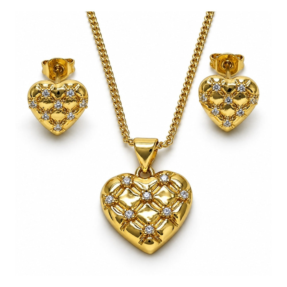 Oro Laminado Earring and Pendant Adult Set, Gold Filled Style Heart Design, with White Cubic Zirconia, Polished, Golden Finish