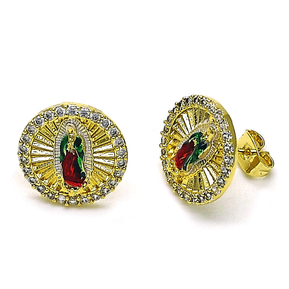 Oro Laminado Stud Earring, Gold Filled Style Guadalupe Design, with White Micro Pave, Diamond Cutting Finish, Tricolor