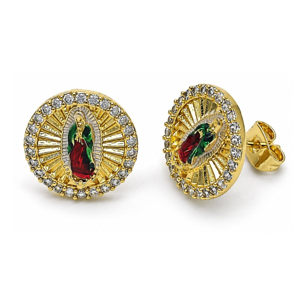 Oro Laminado Stud Earring, Gold Filled Style Guadalupe Design, with White Micro Pave, Diamond Cutting Finish, Tricolor