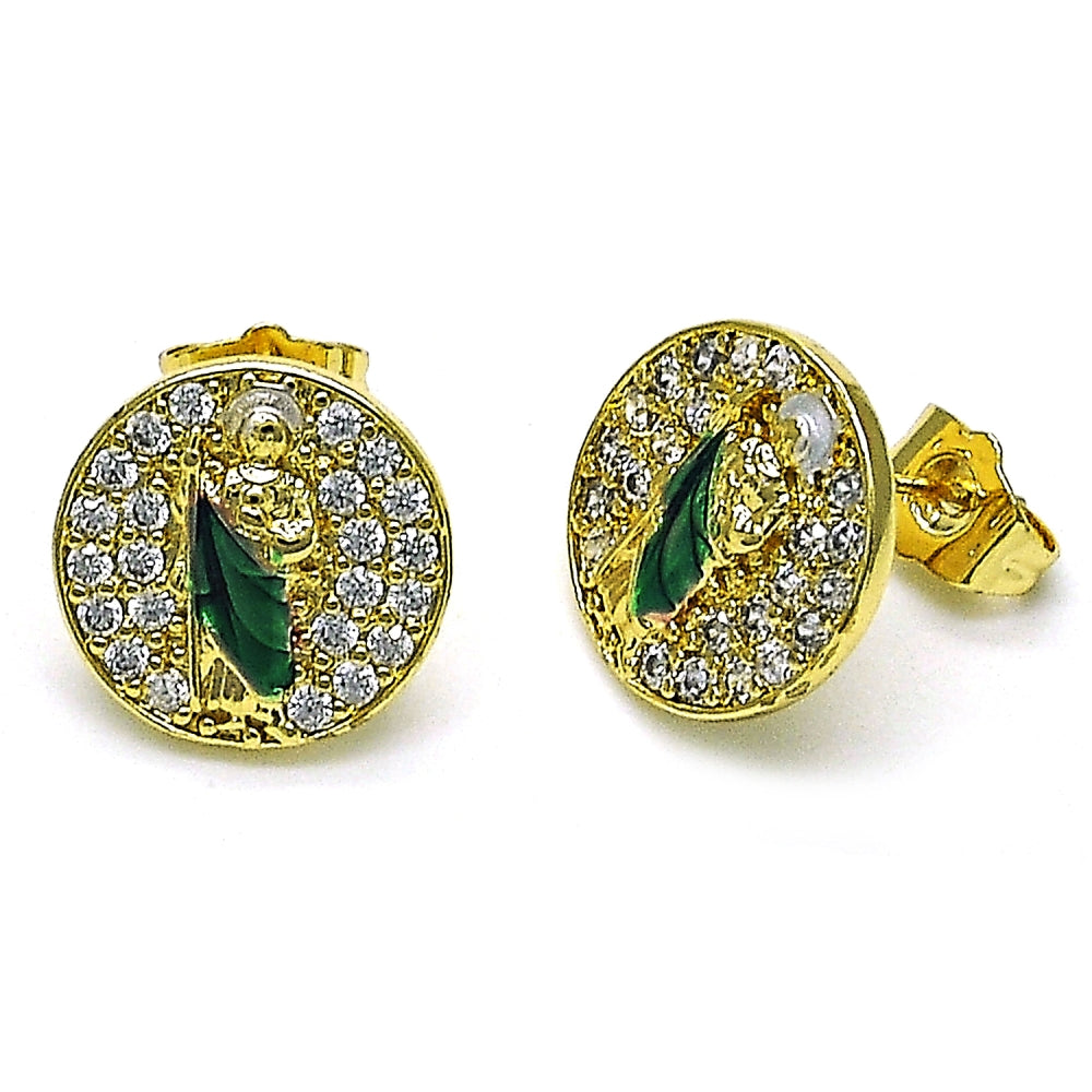 Oro Laminado Stud Earring, Gold Filled Style San Judas Design, with White Micro Pave, Polished, Golden Finish