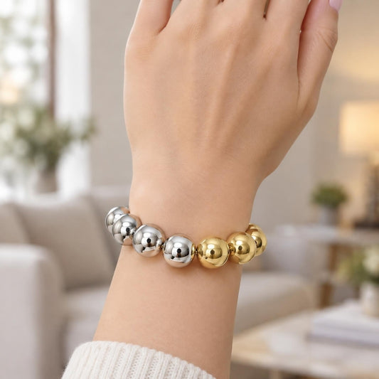 Oro Laminado Fancy Bracelet, Gold Filled Style Ball Design, Polished, Two Tone
