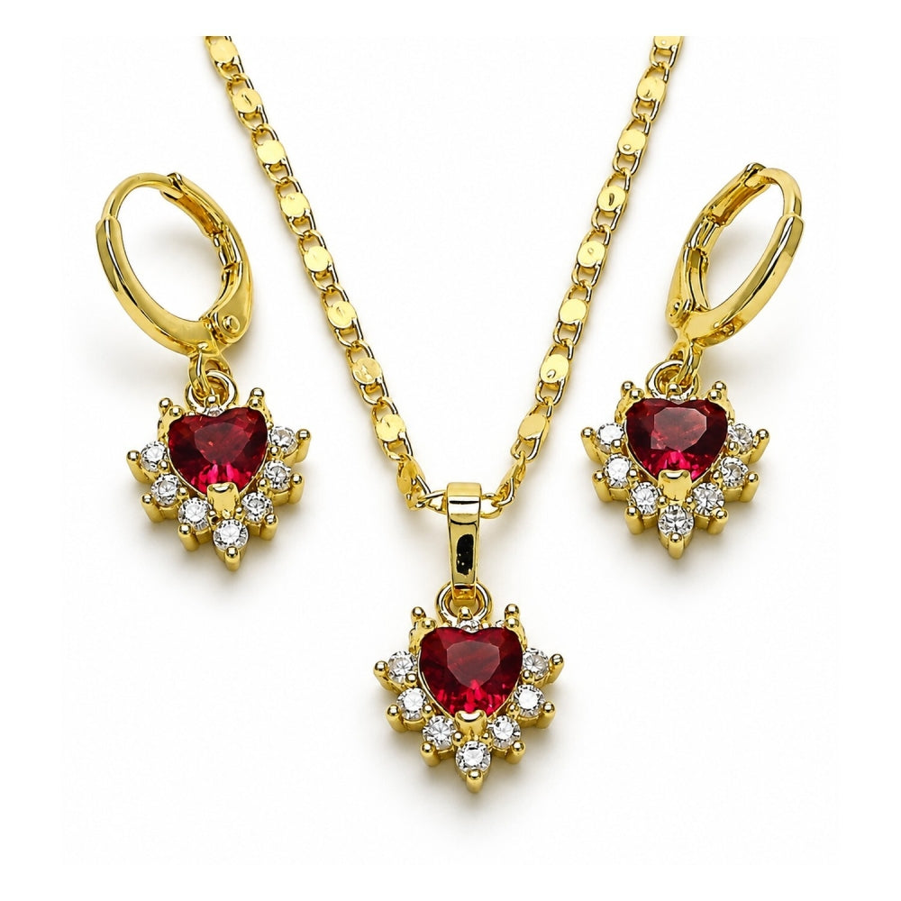 Oro Laminado Earring and Pendant Adult Set, Gold Filled Style Heart and Cluster Design, with Ruby and White Cubic Zirconia, Polished, Golden Finish