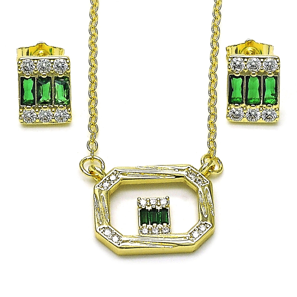 Oro Laminado Earring and Pendant Adult Set, Gold Filled Style Baguette Design, with Green and White Cubic Zirconia, Polished, Golden Finish